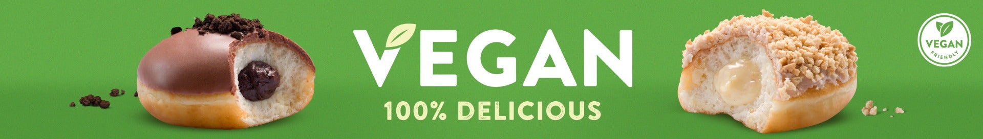 Vegan Douyghnut Range featuring the apple custard crumble doughnut and the fudge brownie bliss doughnut with bites taken out of them and the gooey fillings showing. Logo for Vegan Friendly included in image