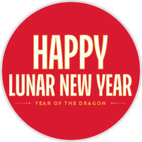 A red circle image with the words Happy Lunar New Year, year of the Dragon in gold and white text