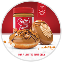 Lotus Biscoff Spread jar with the lotus biscoff doughnuts in front.