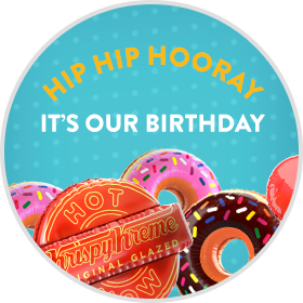 HIP HIP HORRAY in text over Krispy Kreme Doughnut Balloons over a blue background with light blue polka dots