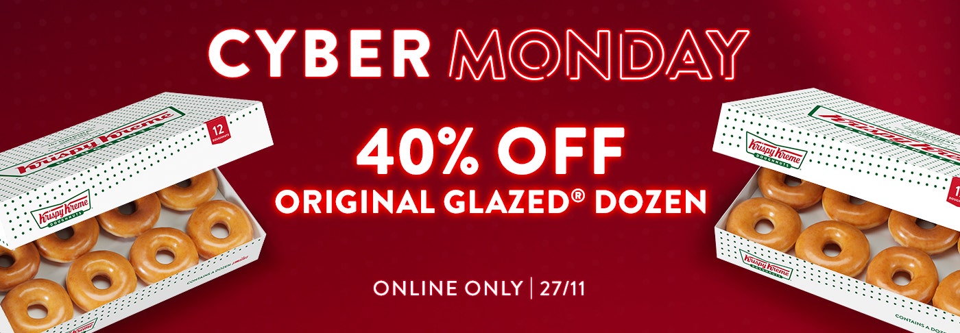 Cyber Monday Online Only Sale Banner in Neon - 40% off Original Glazed Doughnuts - Pictured in Dozen boxes on Black Background