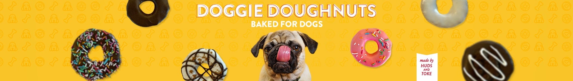 Krispy Kreme Doggie Doughnuts - Celebrate your Fur-Friend with Treats baked just for them! Pet Food Only Krispy kreme Doggie Doughnuts pictured with a Pug dog licking his lips surrounded by floating Doggie Doughnut Products