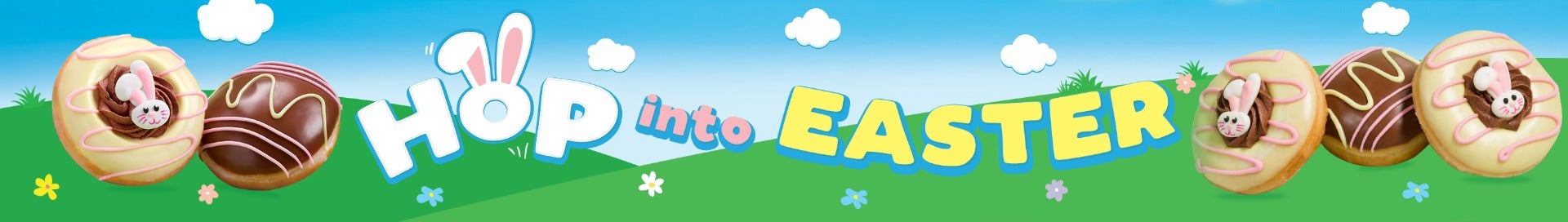 Hop into Easter with Krispy Kreme! graphic of two green hills with flowers and a blue, cloud-filled sky background with a title that reads: Hop into Easter. The Easter Bunny Doughnut and the Choc Caramel Easter Egg Doughnut are also featured on the right hand side of the banner