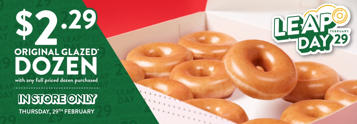 Image of an Original Glazed Dozen on the right hand side of a banner that promotes the Krispy Kreme Leap Day sale - get an Original Glazed Dozen for $2.29 when you buy any dozen, in store on thursday the 29th February (extended online at 6pm)