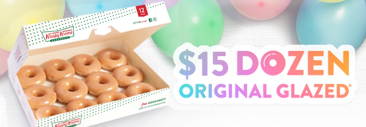 $15 Original Glazed Dozen Deal April 2024 $15 Original Glazed Dozen Deal - Pictured with Dozen original glazed. Confetti background.