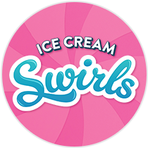 Ice Cream Swirls Doughnut Range Logo - White and blue text on purple background. 