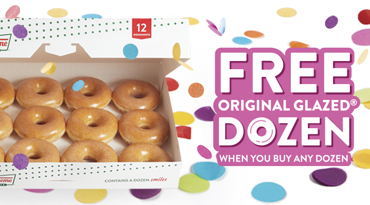 Buy a Dozen, get a FREE Original Glazed® Dozen - May 16th 2025 Only Confetti banner with a dozen original glazed doughnuts and a header that reads - Free Original Glazed Dozen when you buy any dozen