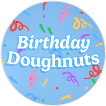A vivid blue circle image with graphic streamers and confetti and a heading that reads 'Birthday Doughnuts'