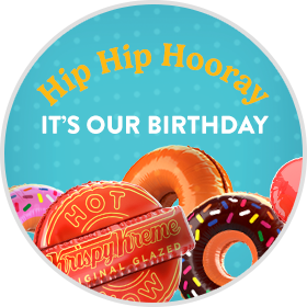 HIP HIP HOORAY in text over Krispy Kreme Doughnut Balloons over a blue background with light blue polka dots