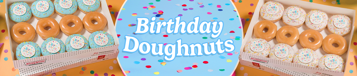 Krispy Kreme Birthday Dozens - New Celebration Range. Visual banner featuring an animated image that shows celebration birthday doughnut dozens rotating to exemplify the different colour options in krispy kreme dozen boxes - a blue circle central image has a headline reading 'Birthday Doughnuts'