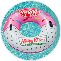 A Krispy Kreme and Wahu branded large floating inflatable ring in a body of water.