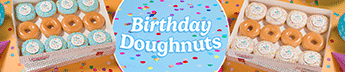 Krispy Kreme Birthday Dozens - New Celebration Range. Visual banner featuring an animated image that shows celebration birthday doughnut dozens rotating to exemplify the different colour options in krispy kreme dozen boxes - a blue circle central image has a headline reading 'Birthday Doughnuts'