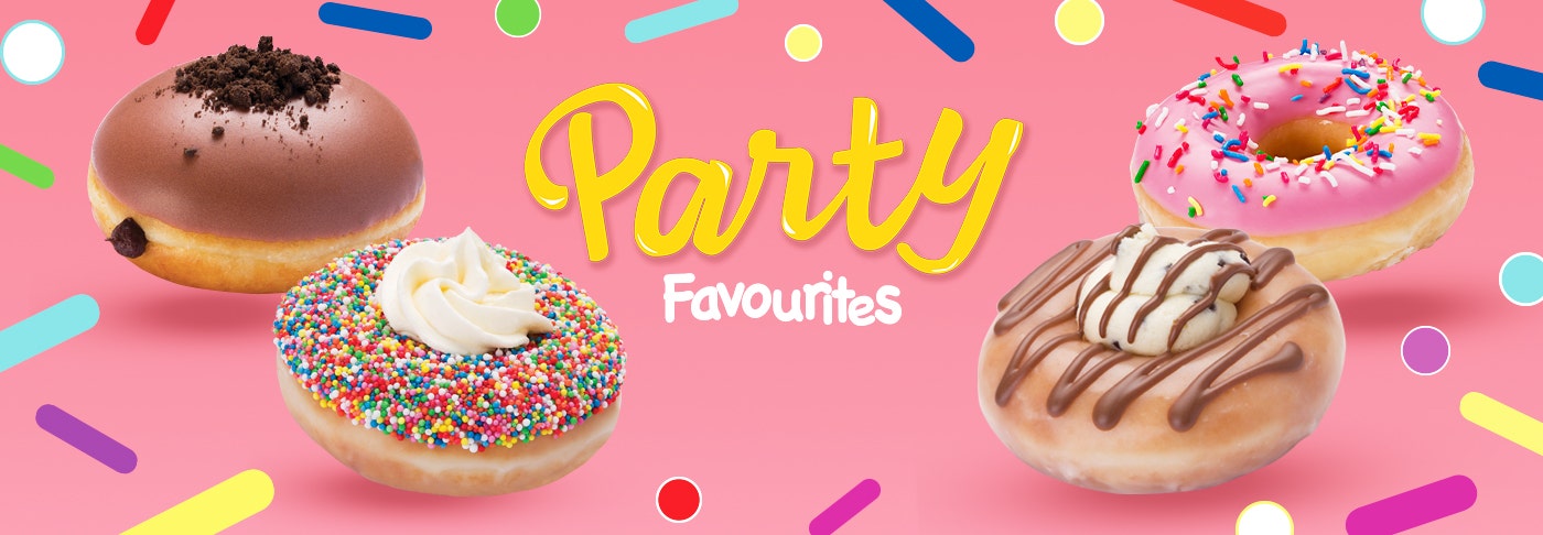 Krispy Kreme Limited Time Party Favourites Range Product banner with a heading 'Party Favourites' featuring a fairy bread doughnut, cookie dough doughnut, fudge brownie bliss doughnut and strawberry sprinkles doughnut, graphic confetti fills the backgorund
