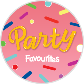 Party Favourites Donut Range heading with graphic confetti on a pink background