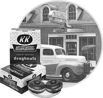 Krispy Kreme Doughnuts First Store Black and white photo of a Krispy Kreme store with an old-fashioned truck, two boxes of doughnuts in the foreground, all within a circular border