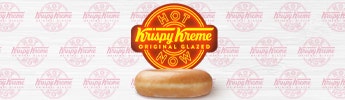 Krispy Kreme Original Glazed® Doughnut - Our History Krispy Kreme logo in neon effect above a glazed doughnut on a patterned background with repeated logos