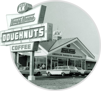 The Start of Krispy Kreme's Iconic Design and Colours Black and white photo of a vintage Krispy Kreme store with a triangular facade, large windows, and parked cars, indicative of the era