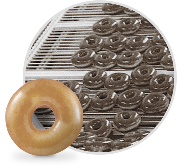 The perfect doughnut - a Krispy Kreme Original Glazed® Doughnut An original glazed doughnut in the foreground with a background of doughnuts being glazed in rows on doughnut line.